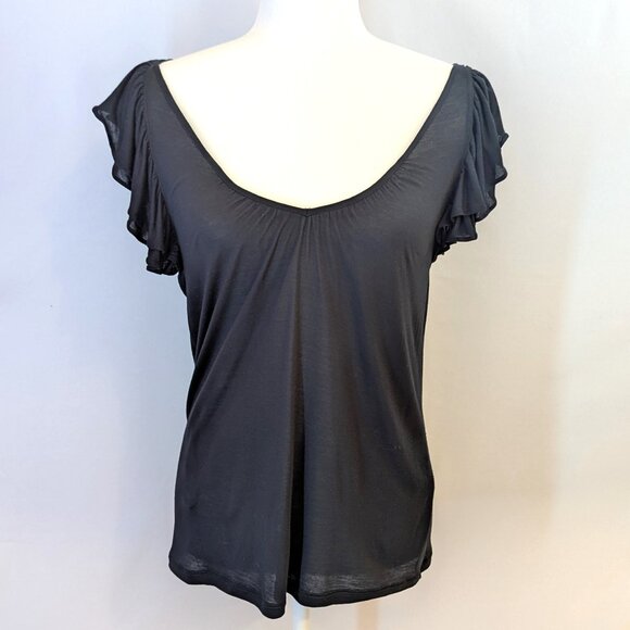 BCBGMAXAZRIA | Black V-Neck Ruffle Short Cap Sleeve Tee | Size Small - Picture 2 of 11
